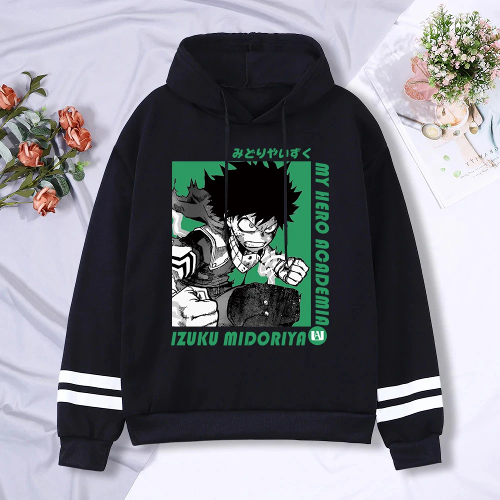 

Japanese Anime My Hero Academia Izuku Midoroua Deku Streetwear Cartoon Sweatshirt Harajuku Stripe Hoodie