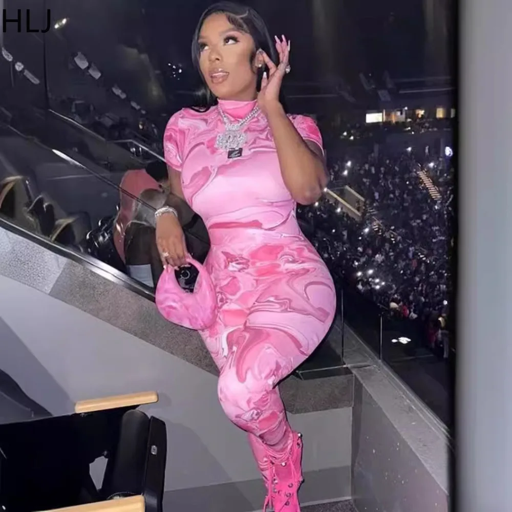 

HLJ Pink Fashion Y2K Printing Backless Bodycon Jumpsuits Women Round Neck Short Sleeve Slim Playsuits Female Zipper Streetwear