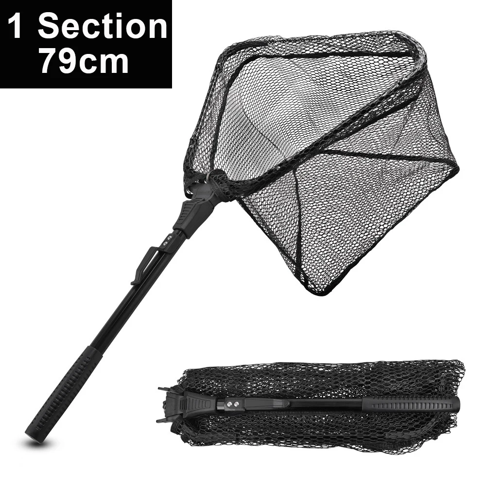 Telescopic Foldable Landing net 79-91CM Long Black Saltwater Fishing Hand  Net Portable Folding Rubber Fly fishing nets