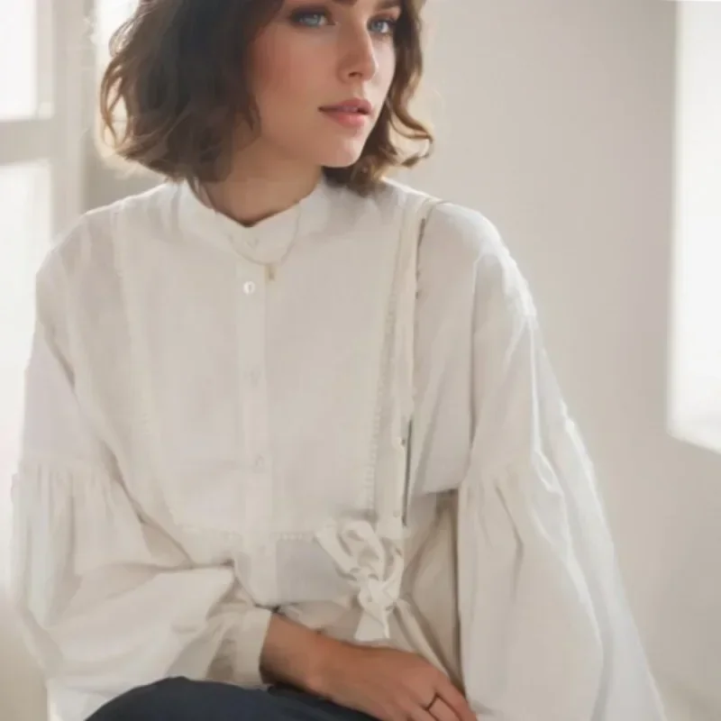 

Винтажная белая блузка с пышными рукавами, женские повседневные Модные свободные рубашки для женщин, элегантные однотонные тонкие блузки, модель 30010