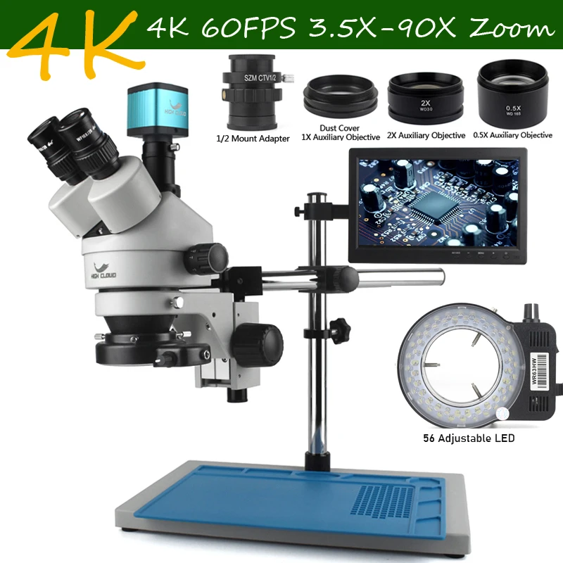 3.5-90X 줌 삼안 입체 현미경 세트 + 2K 4K 48MP 55MP HDMI USB 비디오 카메라 + 1X 0.5X 2X 보조 렌즈