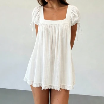 Bohemian Puff Sleeve Maternity Dress Women Square Neck A-line Mini Ruffled Dresses Fairy Vintage Loose Fit Flowy Short Dress 1