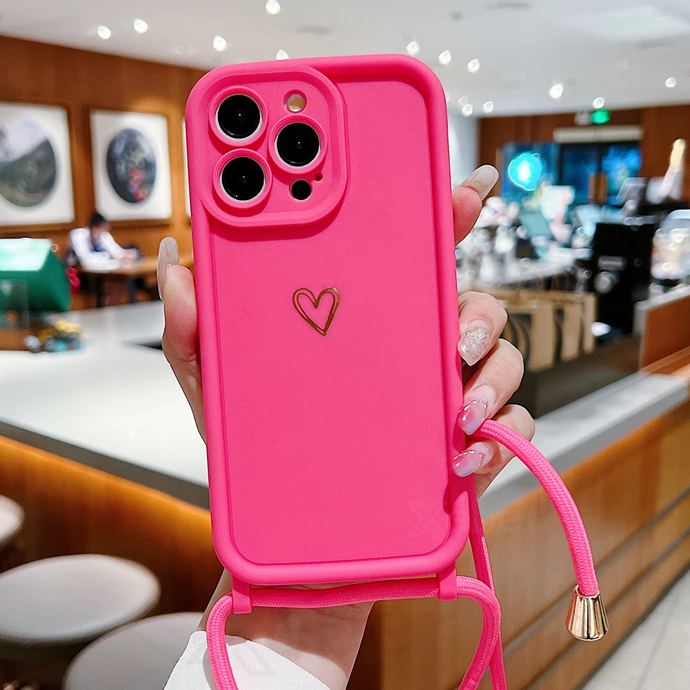 Heart-Embellished Thickened Silicone Crossbody Lanyard Phone Case - Soft Protective Cover