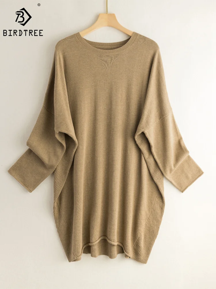 

Birdtree Women's 85% Silk 15% Cashmere Sweaters O-Neck Long Loose Type Elegant Casual Pullover Autumn Winter Top Dress T38802QM