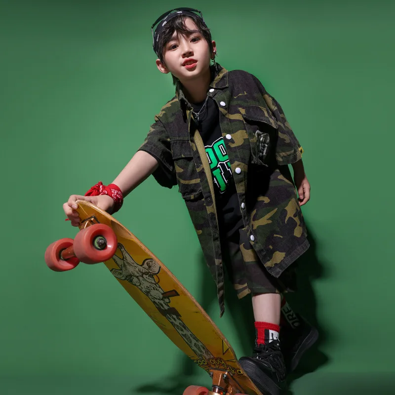 Kids Hip Hop Clothing Army green Suit for Girls Boys Jazz Dance Costume Retro Clothes