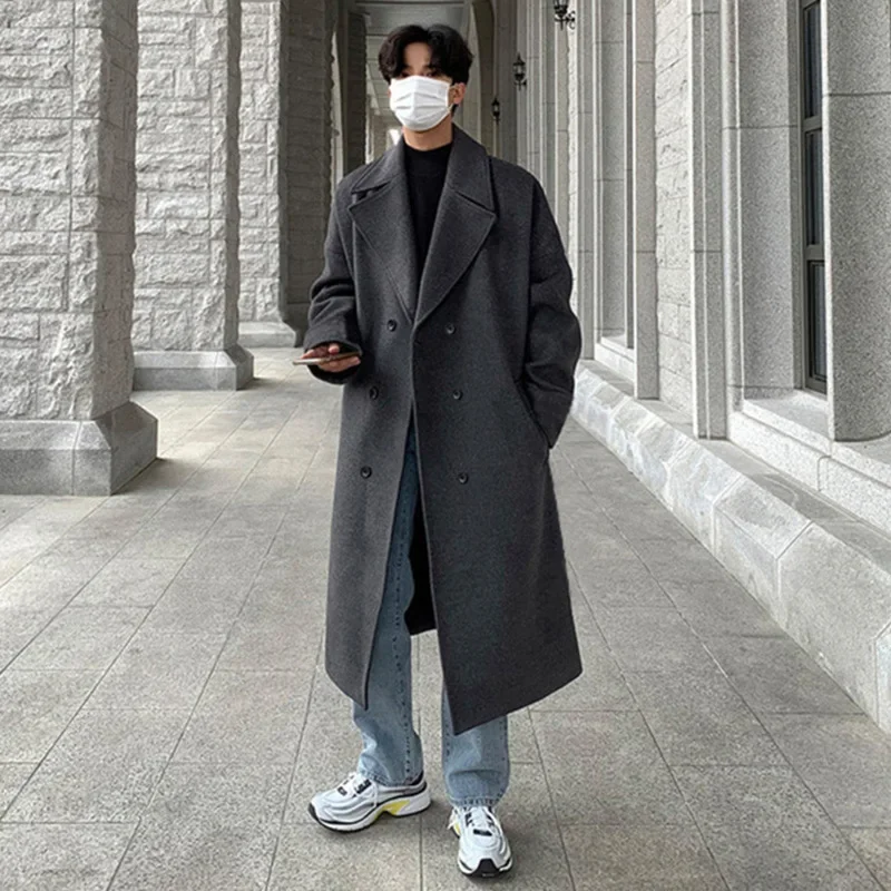 Autumn Winter Medium-Length Casual Trench Coat For Men Double-Breasted British Style Neat Jacket One Piece