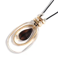 Amorcome Two-Tone Long Double Circle Statement Necklace Natural Stone Black Leather Rope Pendant Necklaces Jewelry Accessories