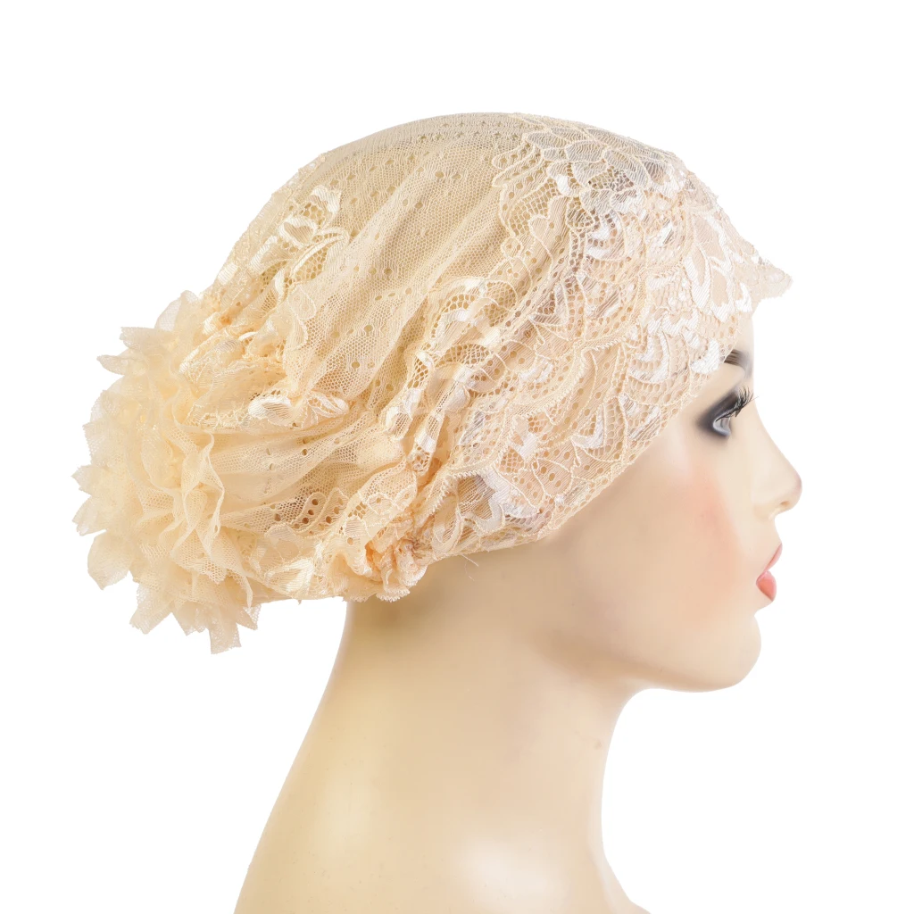 Muslim Lace Hats Full Cover Underscarf Pull On Islamic Scarf Flower On Back Turban Hijab Inner Bonnet H311