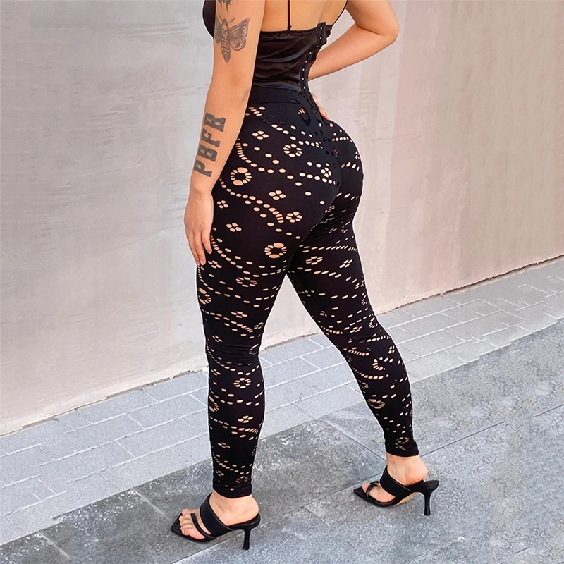 

Floral Hollow Out Holes Skinny Pants Women Stretchy High Waist Sexy Clubwear Casual Sport Trousers Female Summer Workout Legging