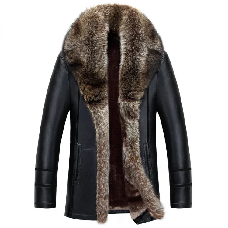 

Winter Men Clothes Casual Men's Leather Jacket Warm Raccoon Fur Collar Fashion Coat Single-breasted Chamarra De Hombre