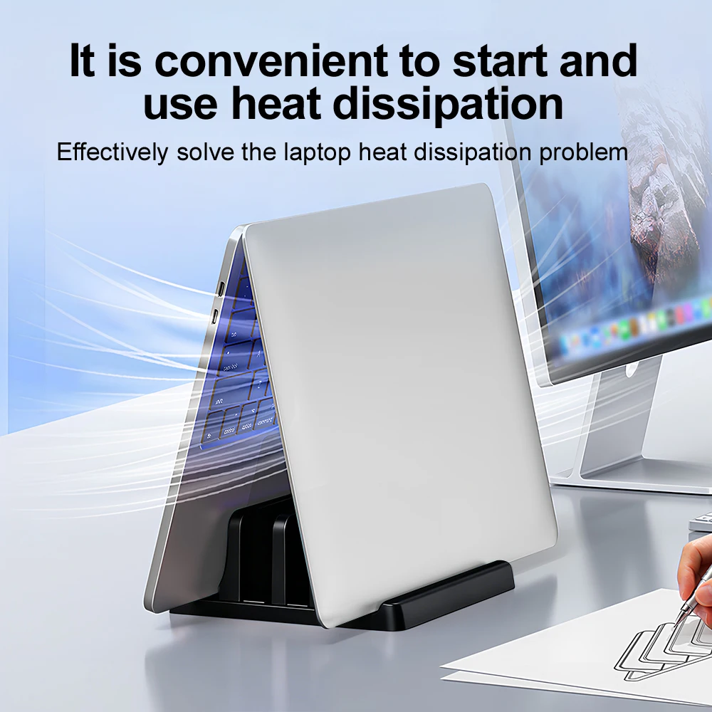 Supporto per laptop verticale in ABS per ufficio, salva spazio sul desktop, facile da posizionare, accessori per computer, larghezza regolabile, organizer da scrivania. - immagine 6