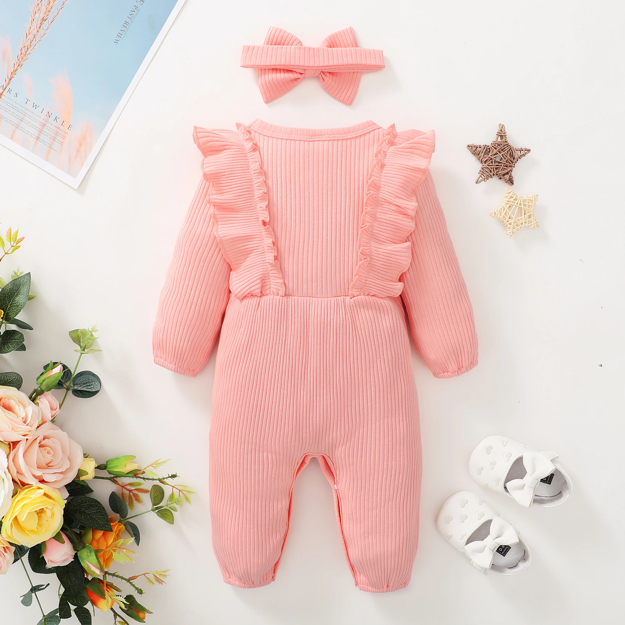 Neugeborenes Baby Stram pler Langarm Rüschen Body mit Stirnband Herbst & Winter Stram pler Outfit Kleidung für Baby 0-18 Monate – Detail 10