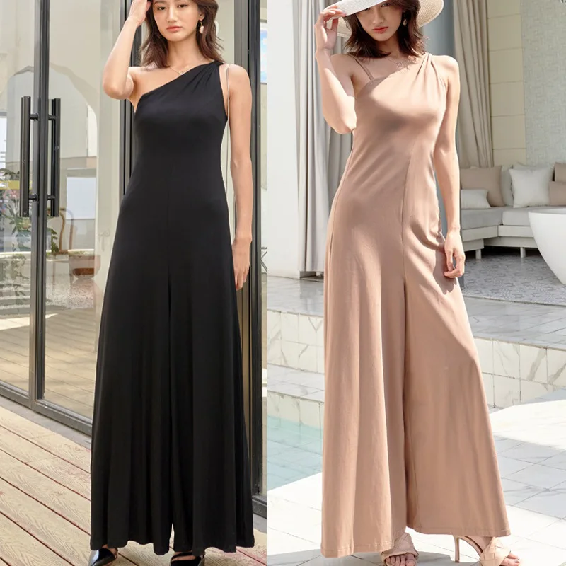 

Slimming Fit Off Shoulder Dress Pants Oblique Shoulder Sexy Elegant Fashion Solid Black Modal Summer Jumpsuit Women Wide Leg