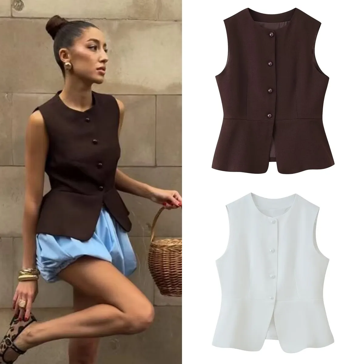 ETJ otoño 2025 chaleco elegante de moda de color sólido con cuello redondo temperamento versátil chaleco con botones