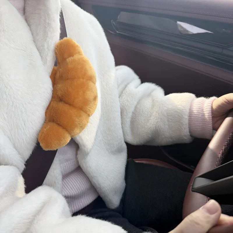 Plush Croissant Car Neck Pillow & Seat Belt Cover Set - Adorable Car Interior Accessories