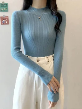 جديد الياقة المدورة سترة المرأة الشتاء الأساسية محبوك البلوفرات الكورية موضة طويلة الأكمام تريكو السيدات مطاطا سليم لاعبا 6