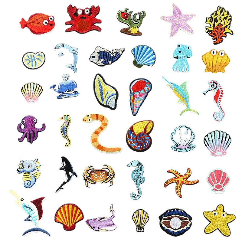 

50pcs/Lot Embroidery Patch Clothing Decoration Marine Animal Crab Conch Coral Whale Seahorse Dolphin Starfish Pearl Shell Craft