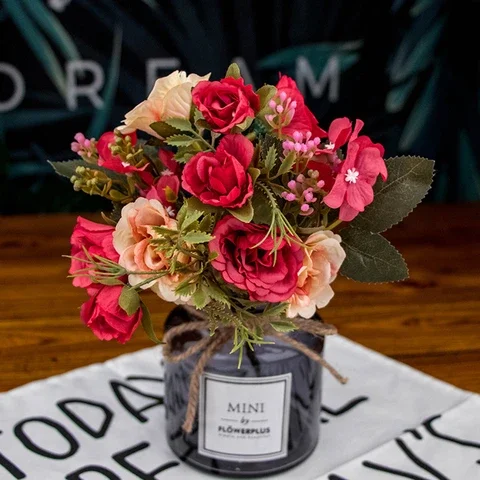 

9 Heads Silk Artificial Rose Flowers Wedding Decoration For Home Wreath Bride Bouquet Luxury Fake Flowers DIY Accessories