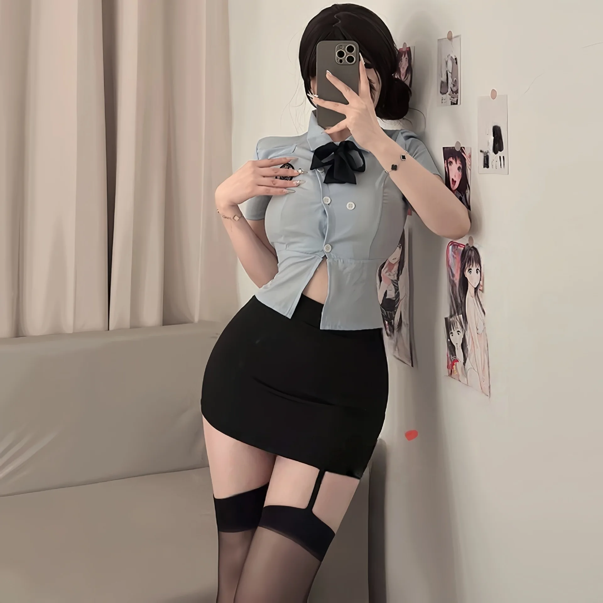 Plus Size Sexy Police Officer Costume Secretary Office Lady Uniform Tight Mini Skirt Roleplay Lingerie Set Student Schoolgirl