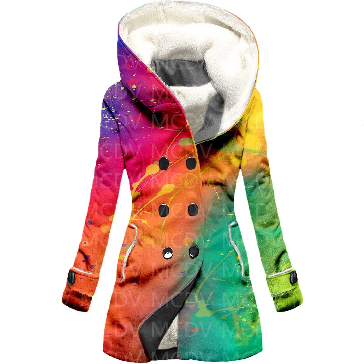 Color Gradient 3D Printed Fleece Hooded Cloak Women Thick Warm Coat Women's Winter Warm Overcoat 01