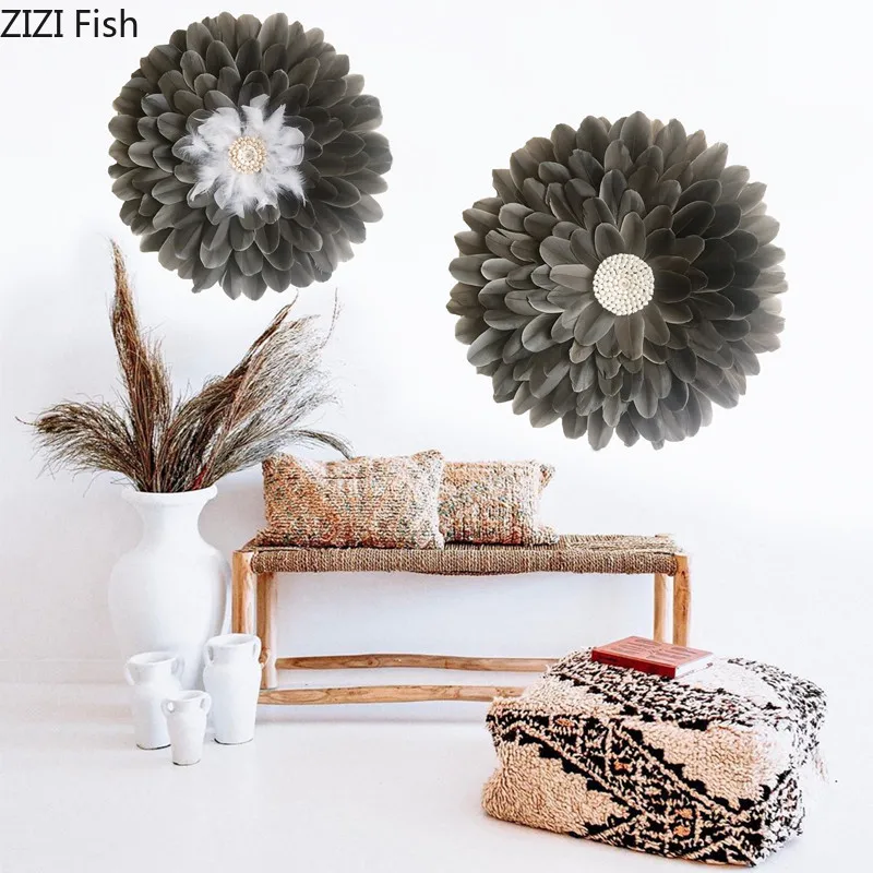 

Серые перья, плетеные цветы, настенные украшения, соломенное ремесло, цветы, декоративные подвесные картины, фон для коридора, подвески