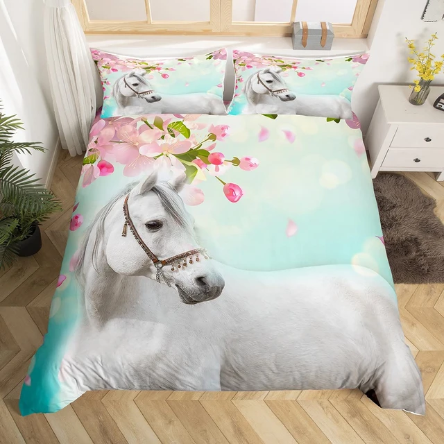 Parure de lit blanche avec motif cheval, housse de couette imprimée en  microfibre, motif animaux, pour