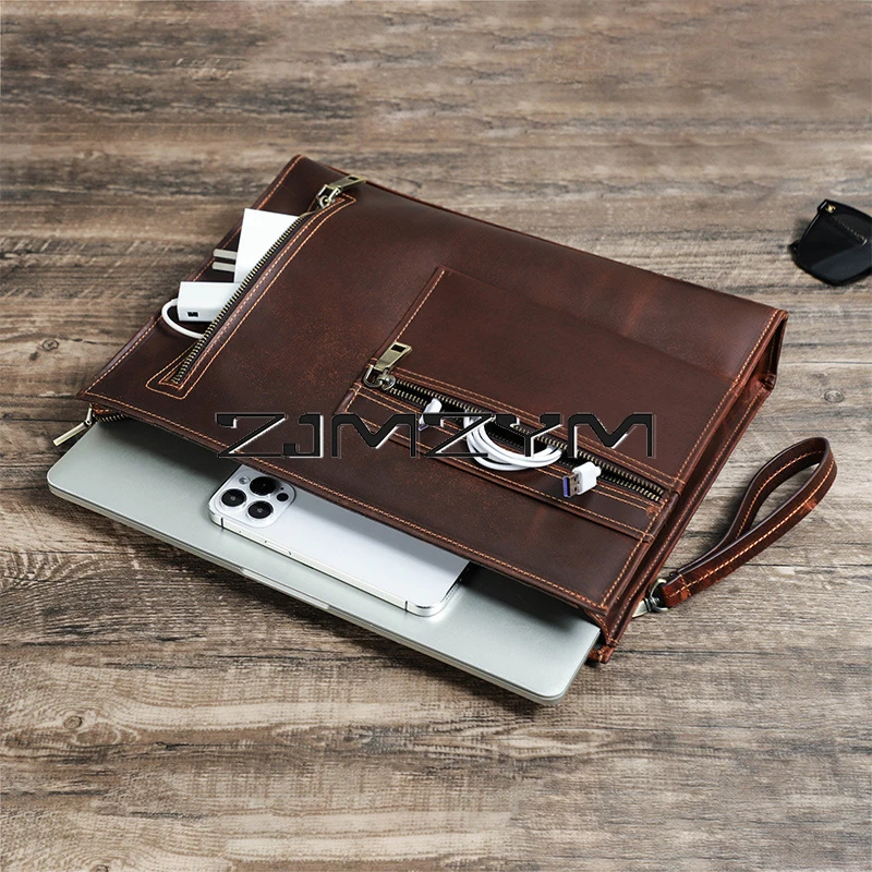 

1Pcs 15Inch Crazy Horse Genuine Leather Briefcase Bag For Macbook Air 15 Laptop Clutch Handbag Business Vintage Bag