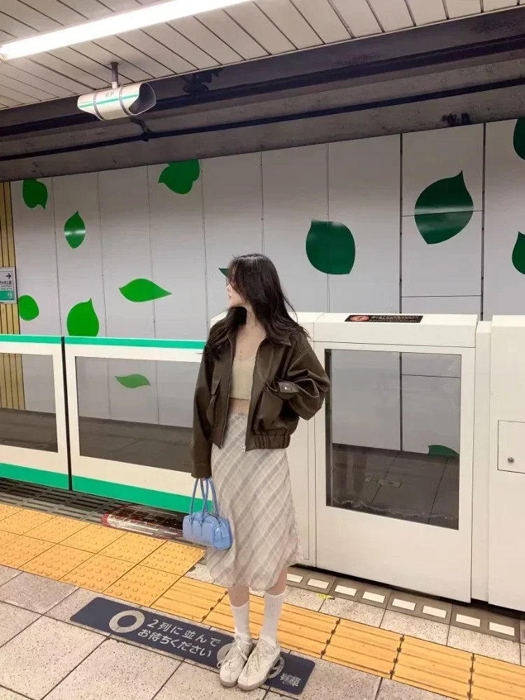 Spring French Retro High Waist Women Half Skirt Korean Versatile Contrast Color Checkered Sweet Loose Women's Hip Wrap Skirt