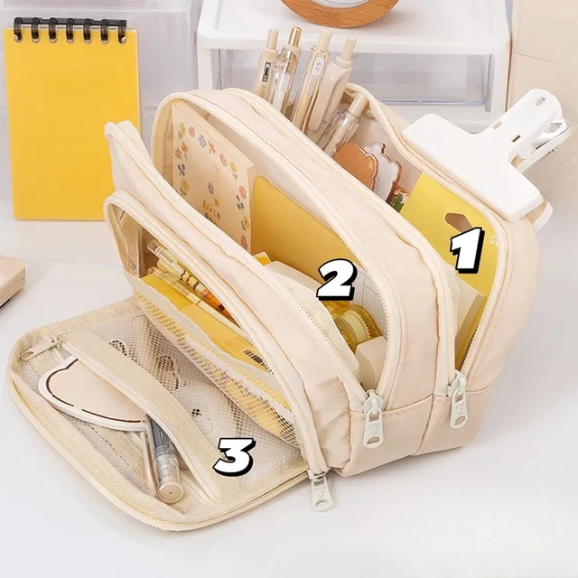 Big Capacity 3 Compartments Canvas Pencil Case Organizer Pouch Bag For Teen  School Students Pen Holders For Desk Aesthetic - AliExpress