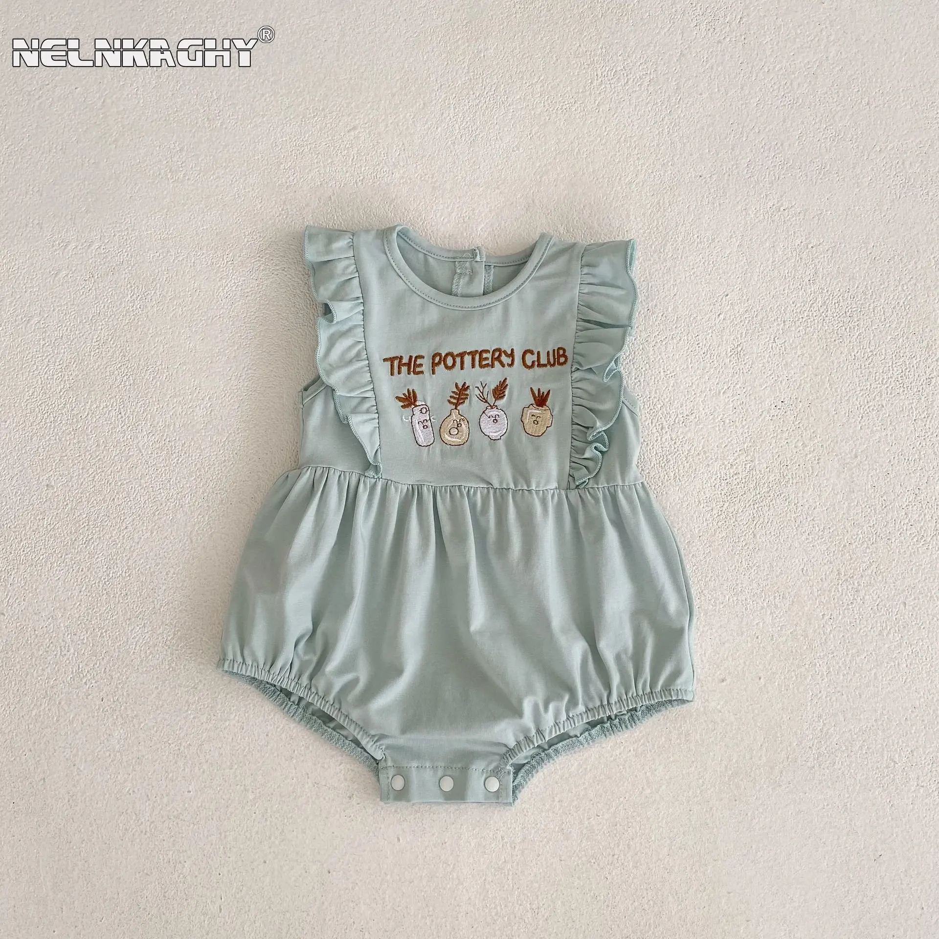 

New In Summer Newborn Baby Girls Fly Sleeve Vase Embroidery Ruched Outwear Infant Kis Cotton One-pieces Toddler Bodysuits 유아복