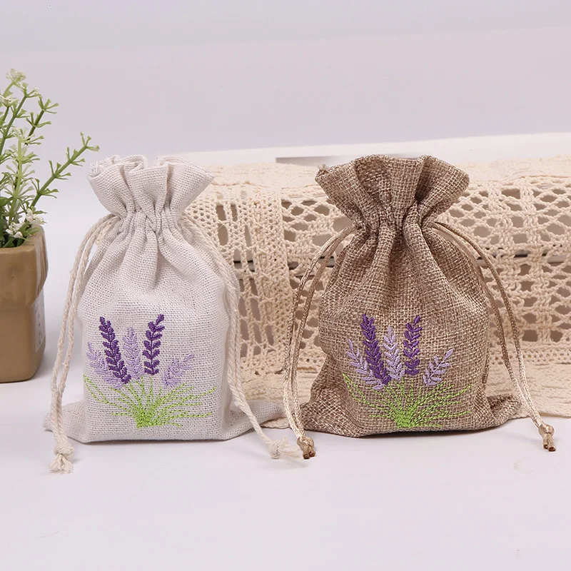1PC 10X14cm Embroidery Printed Lavender Imitation Hemp Bag Wedding Party Small Gift Candy Packaging Bag Jewelry Drawstring Bags