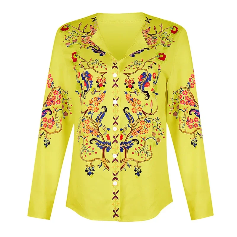 2023 Spring Autumn Ethnic Style Women Shirt Elegant Print O Neck Single-breasted Cardigan Blouse Loose Female Street Casual Tops