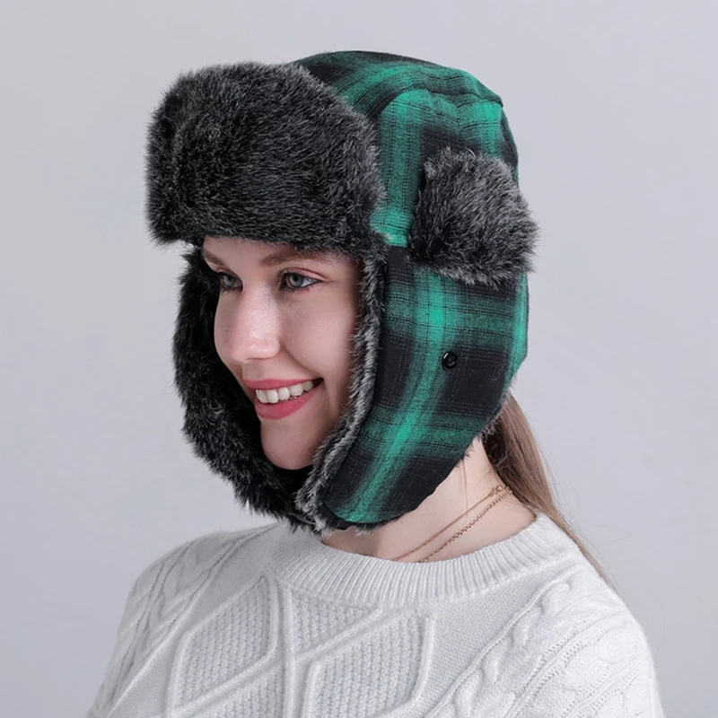 Ushanka-격자 무늬 파일럿 겨울 모자, 야외용 러시아 모자, 여성 패션 모자, 방한모자, 파일럿, 남성용, 따뜻한 봄버 트랩퍼, 2023 년 상품