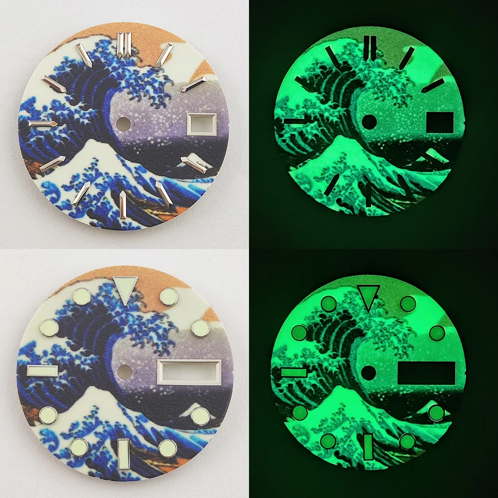 28.5mm Kanagawa Wave Sterile Dial Watch Dial nh35 Super Green Luminous Watch Face nh35 Fit NH35/36 Movement Parts