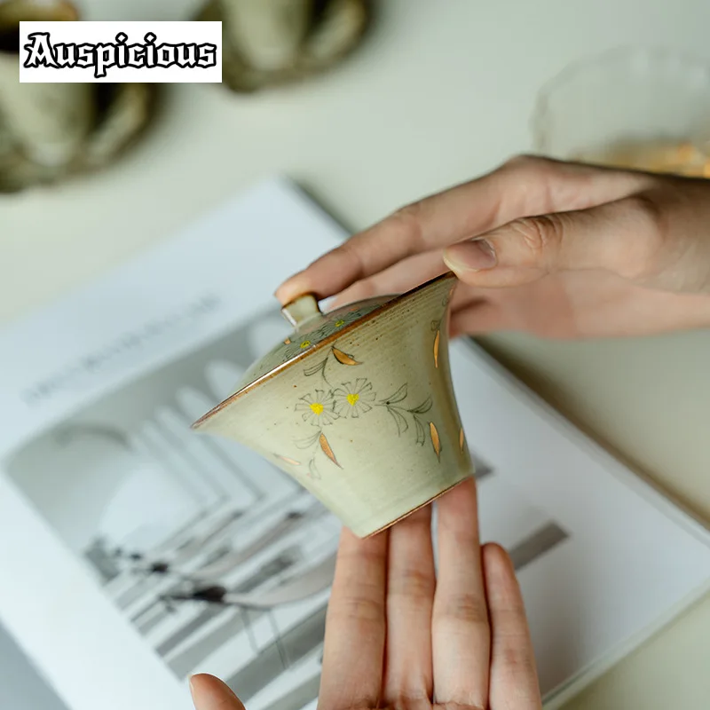 120ml Outline in Gold Tea Bowl Hand-painted Small Daisies Gaiwan Retro Tea Tureen Making Cover Bowl Ceremony Gift Kettle