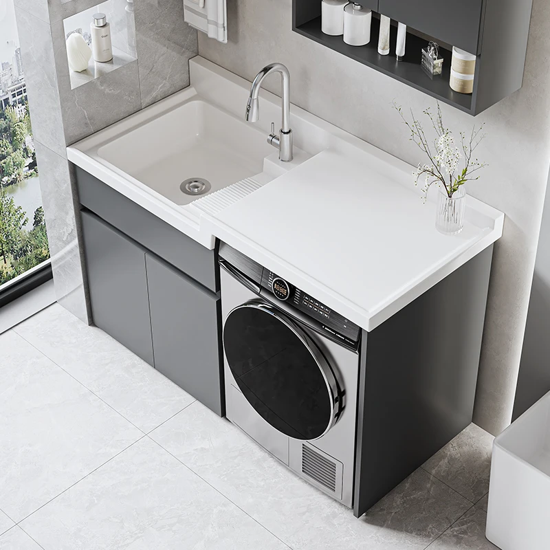 corner cutting high and low integrated laundry pool with rubbing board balcony large board washing machine cabinet