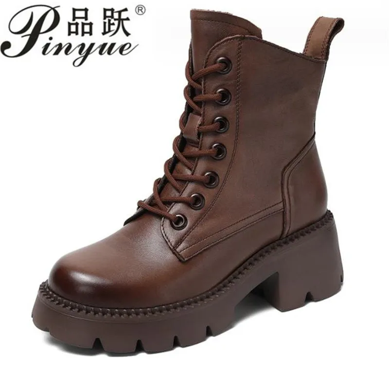 

4cm Handmade Retro Women Winter Warm Boots British Style Platform Thick High Heel Full Cow Leather Mid Calf Boots Brown 34 40