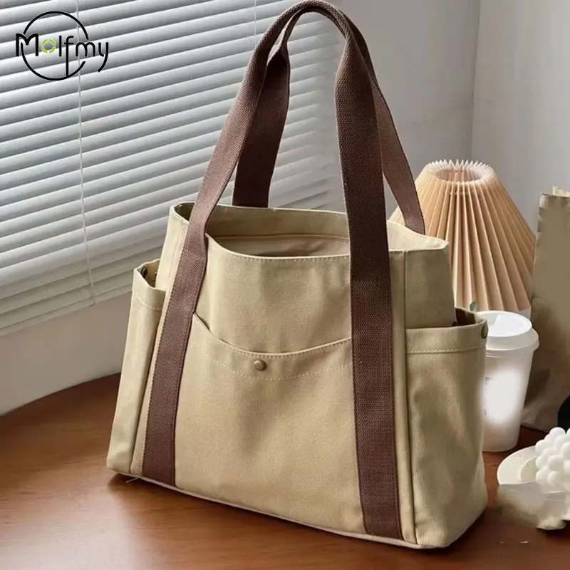 Spacious Multi-Pocket Canvas Tote Bag for Women - Versatile Handbag for Work, Class, and Shopping