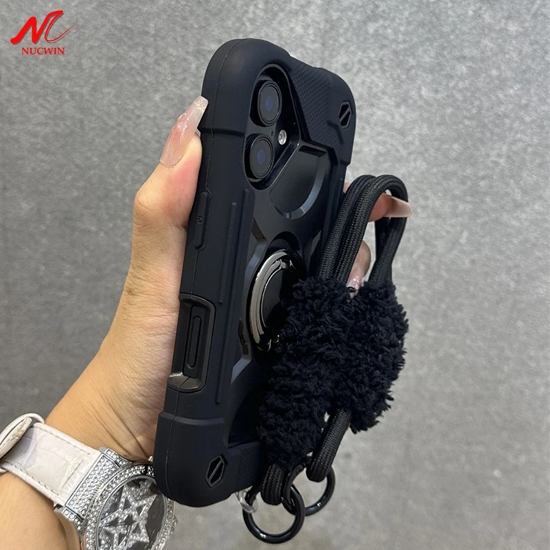 3 in 1 Ring Holder Heavy Duty Case for iPhone 16 17 15 14 13 12 11 Pro Max Plus Air Anti-knock Shockproof Lanyard Chain Cover