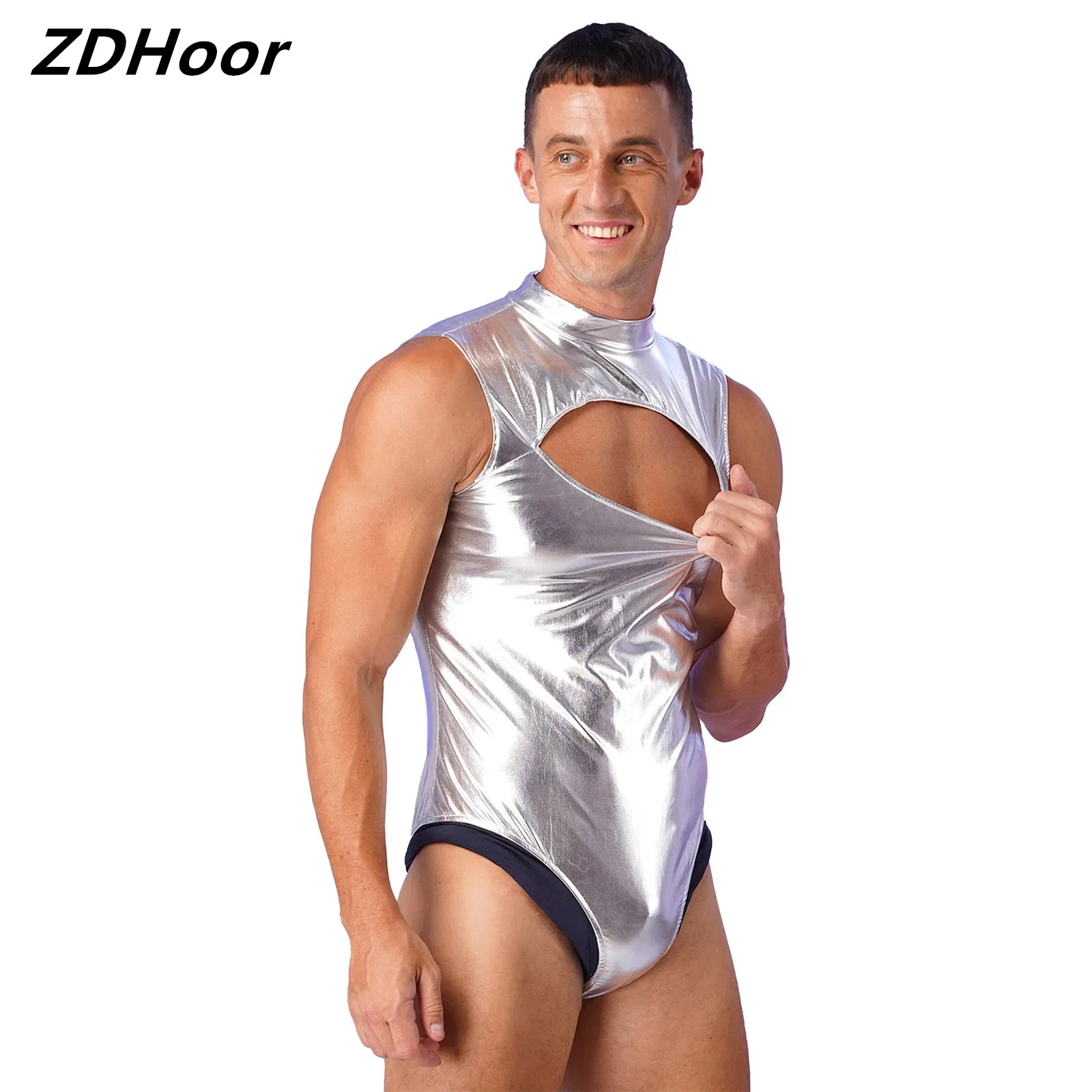 

Mens Metallic Front Cutout Bodysuit Mock Neck Sleeveless Catsuit Invisible Zipper Back Leotard Party Swim Nightclub Performance