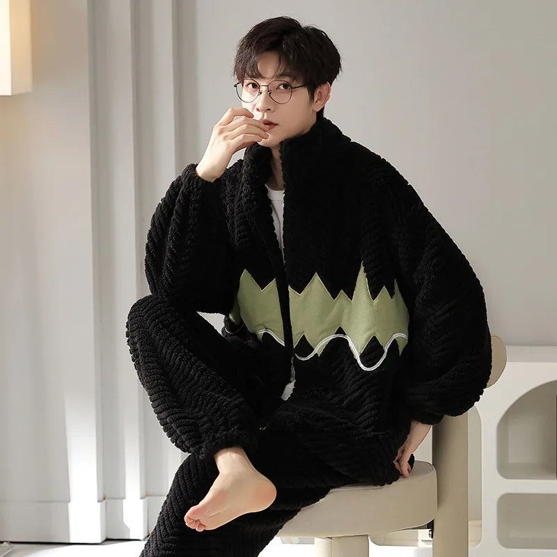 2023 Winter Long Sleeve Thick Warm Flannel Pajama Sets for Men Coral Velvet Cute Cartoon Sleepwear Suit Pyjamas Homewear Clothes
