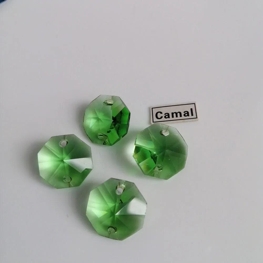 Camal 20pcs Apple Green 14mm 1/2Holes Crystal Octagonal Loose Beads Prisms Chandelier Lighting Lamp Parts Curtains Wedding Decor