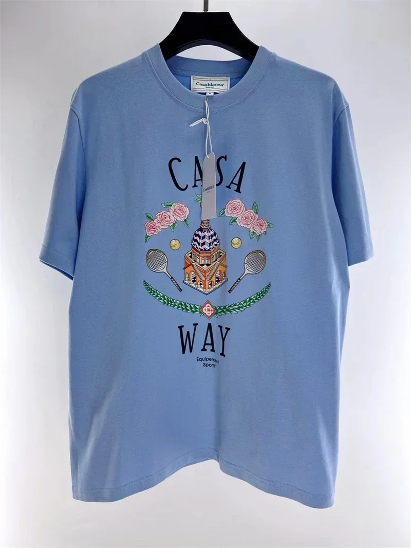 

New Casablanca Tennis Club Castle T Shirt Men Women 1:1 Best Quality Oversized Blue White Short Sleeve Top Tees Berserk