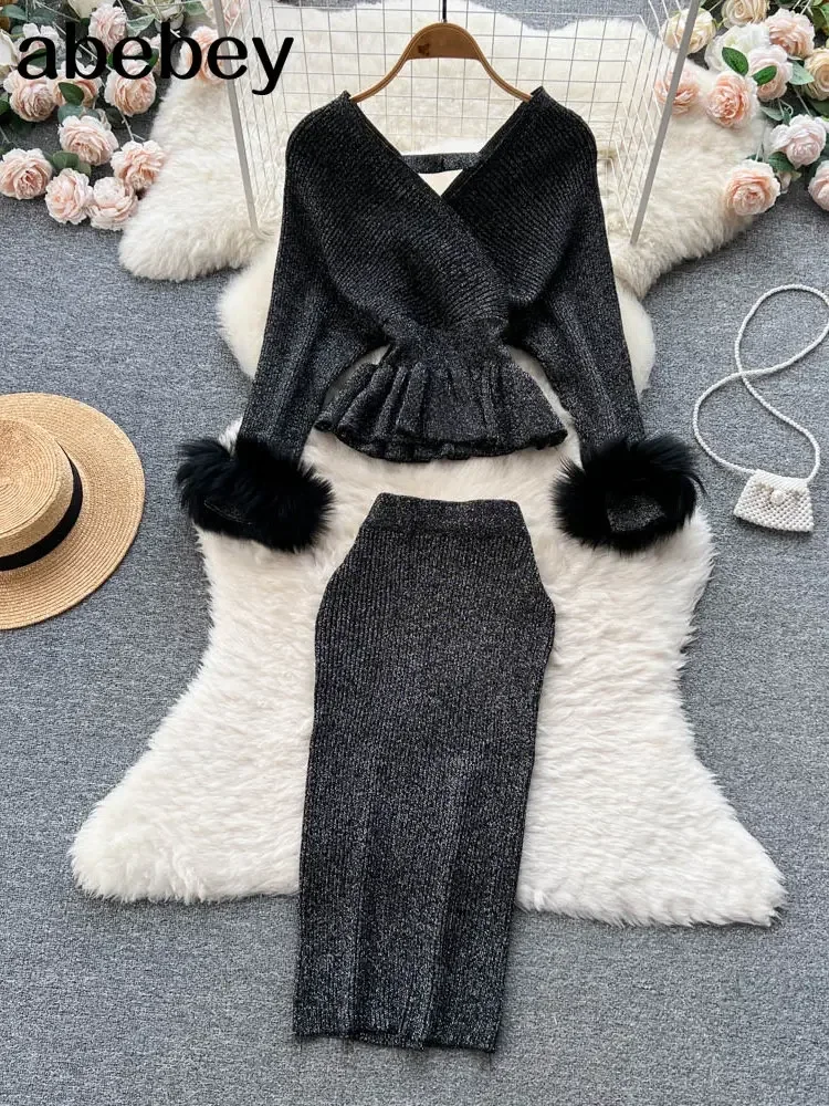 Two Piece Set Women Skirts Long Sleeve Crop Tops+Pencil Skirt 2 Piece Set women Women Sweater+Knitted Skirt Set Winter Suit