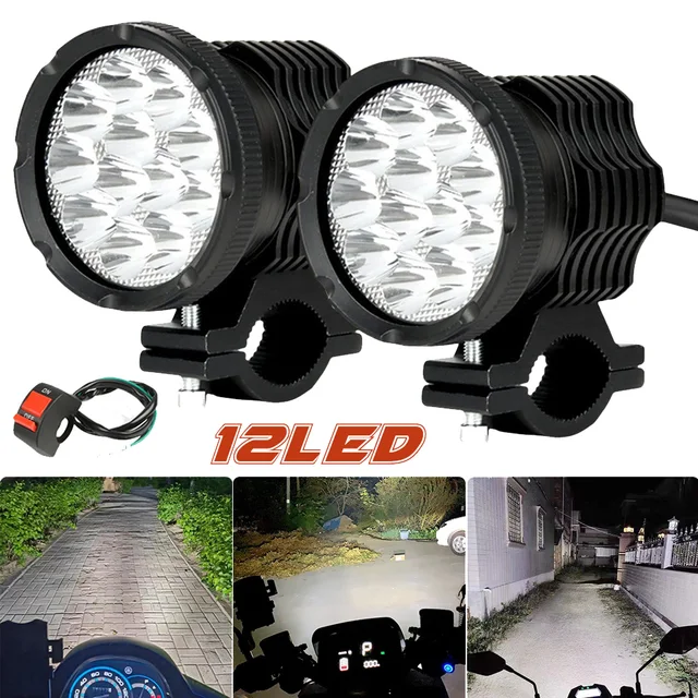 Faros auxiliares para motocicleta, 12Chips, 12-80V, intermitentes delanteros, luces Led adicionales, Faros antiniebla para Moto Farol