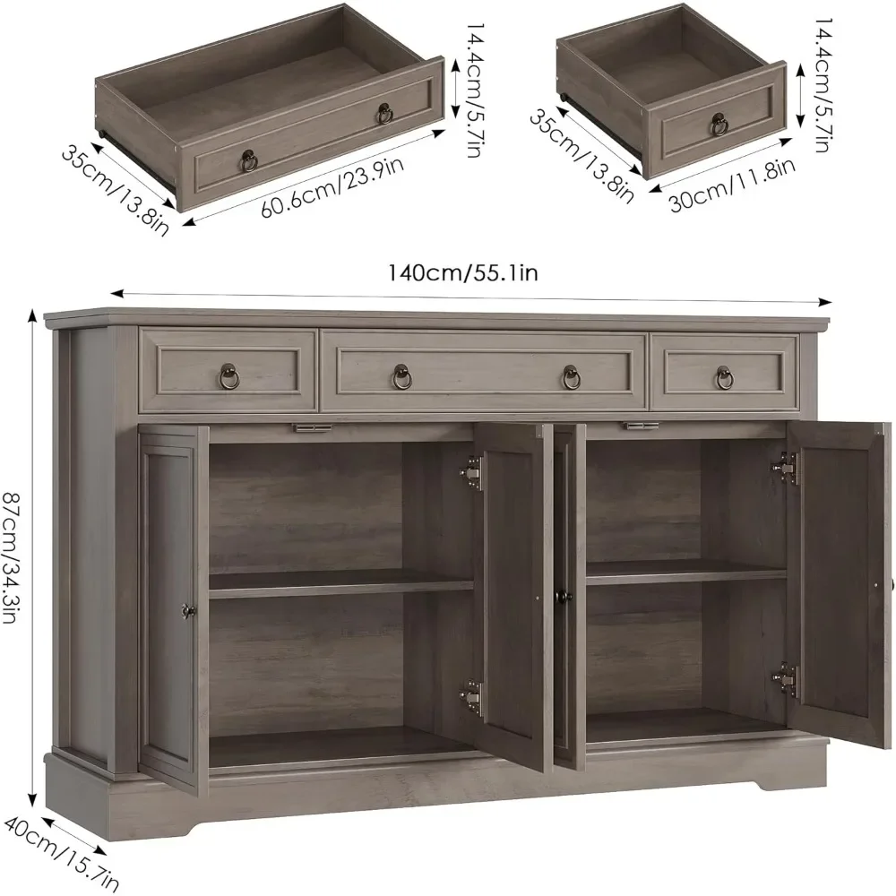 Buffet Cabinet with Storage, 55.1" Large Sideboard Buffet Cabinet, White Kitchen Cabinet with 3 Drawers and 4 Doors