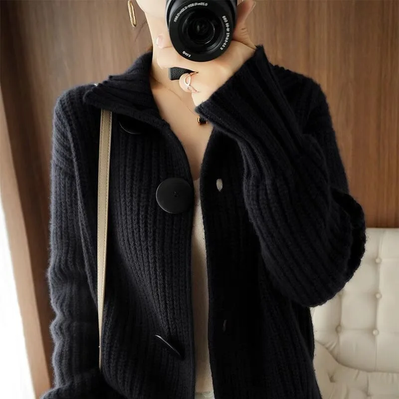 Navy Blue Long Sleeve Knitted Cardigan Sweater for Autumn Winter