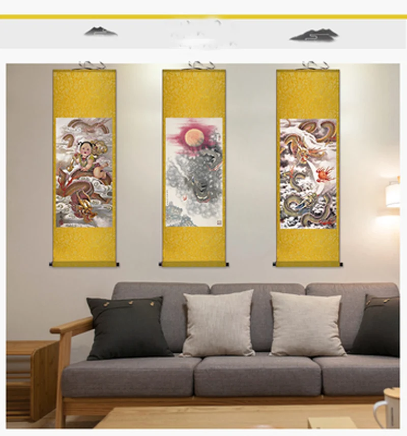 Chinese Animal Drawing Dragon Fish and Phoenix Wall Art, Hanging Silk Painting, Scroll,Living Room Decoration