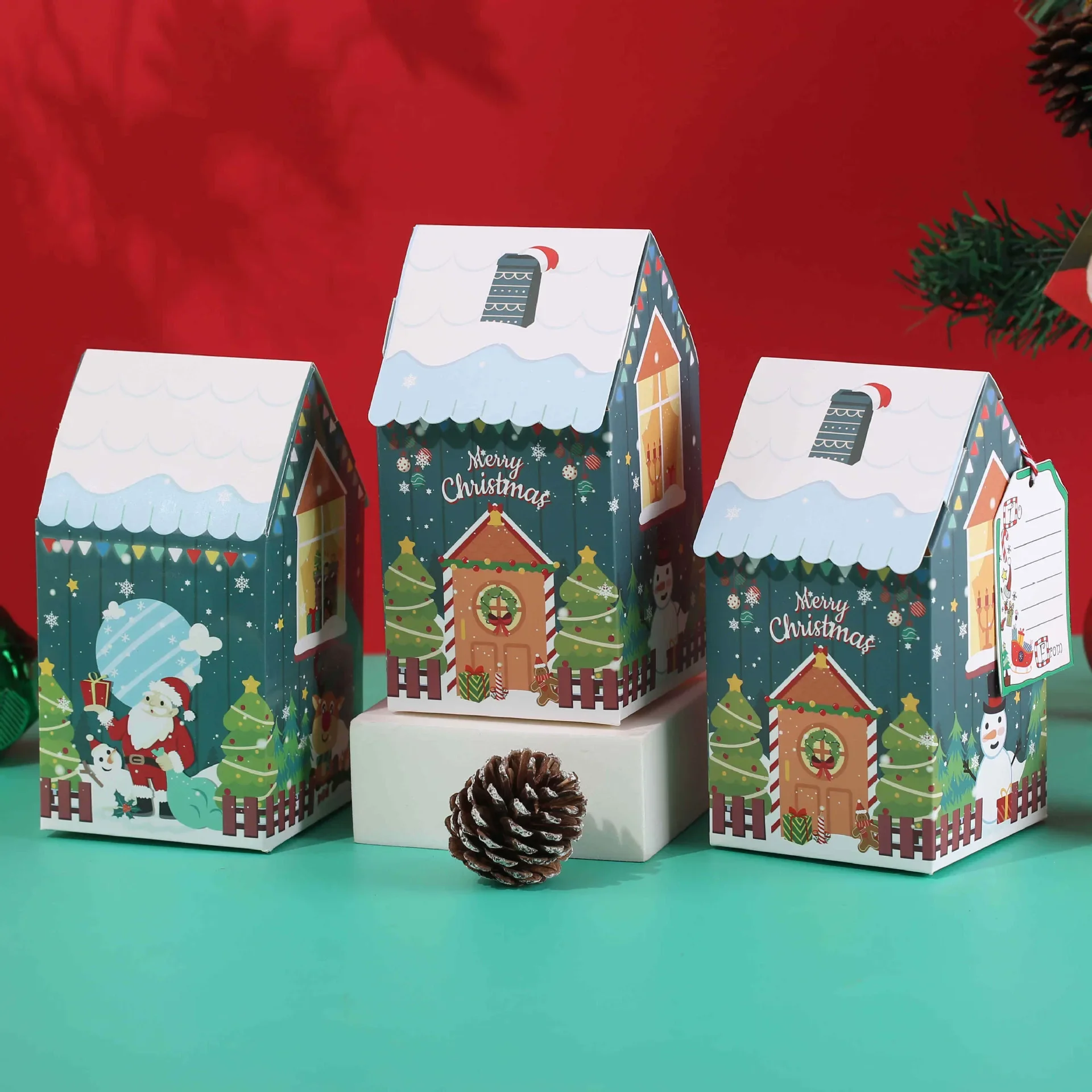 Weihnachts haus Form Süßigkeiten Geschenk box Weihnachten Schneemann kleines Haus Süßigkeiten Kekse Verpackung Tasche Bogen Boxen Geschenk Farbbox