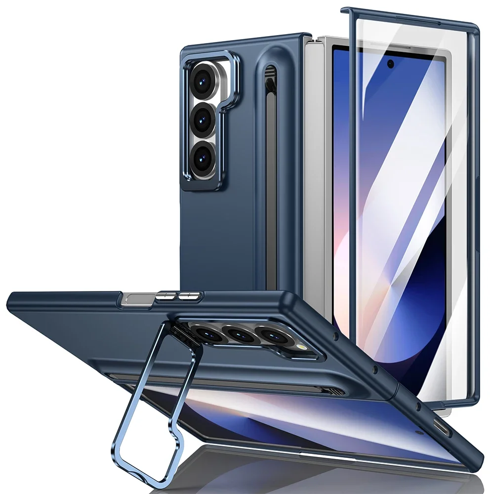 Premium Metal Lens Stand Case with S Pen Slot and Tempered Glass Protector for Samsung Galaxy Z Fold Series